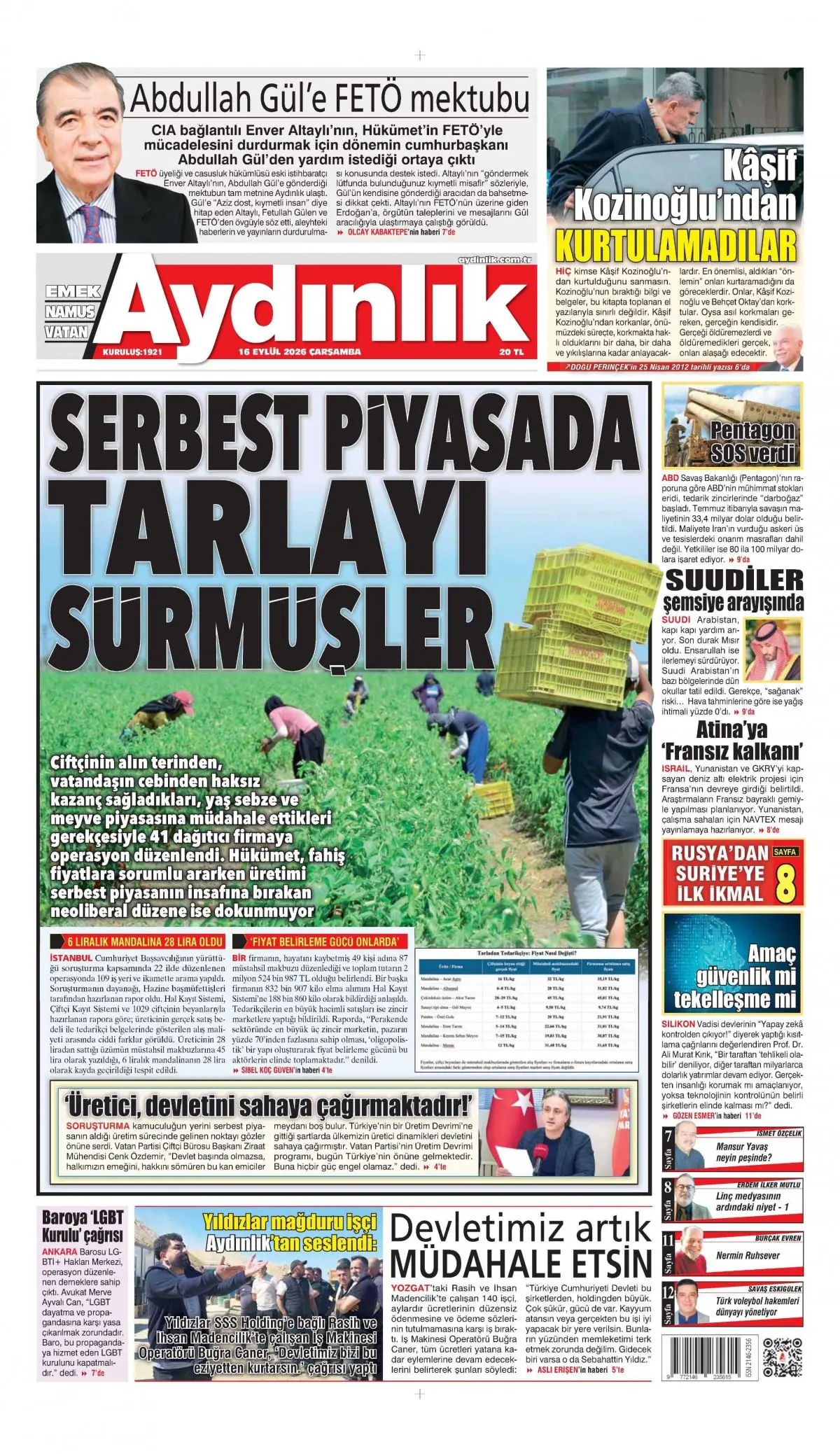 Aydınlık gazete manşeti