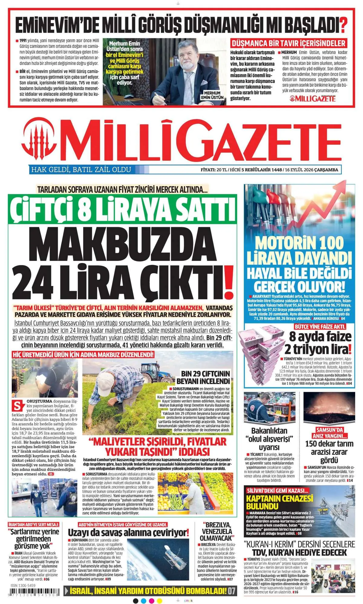 Milli Gazete gazete manşeti