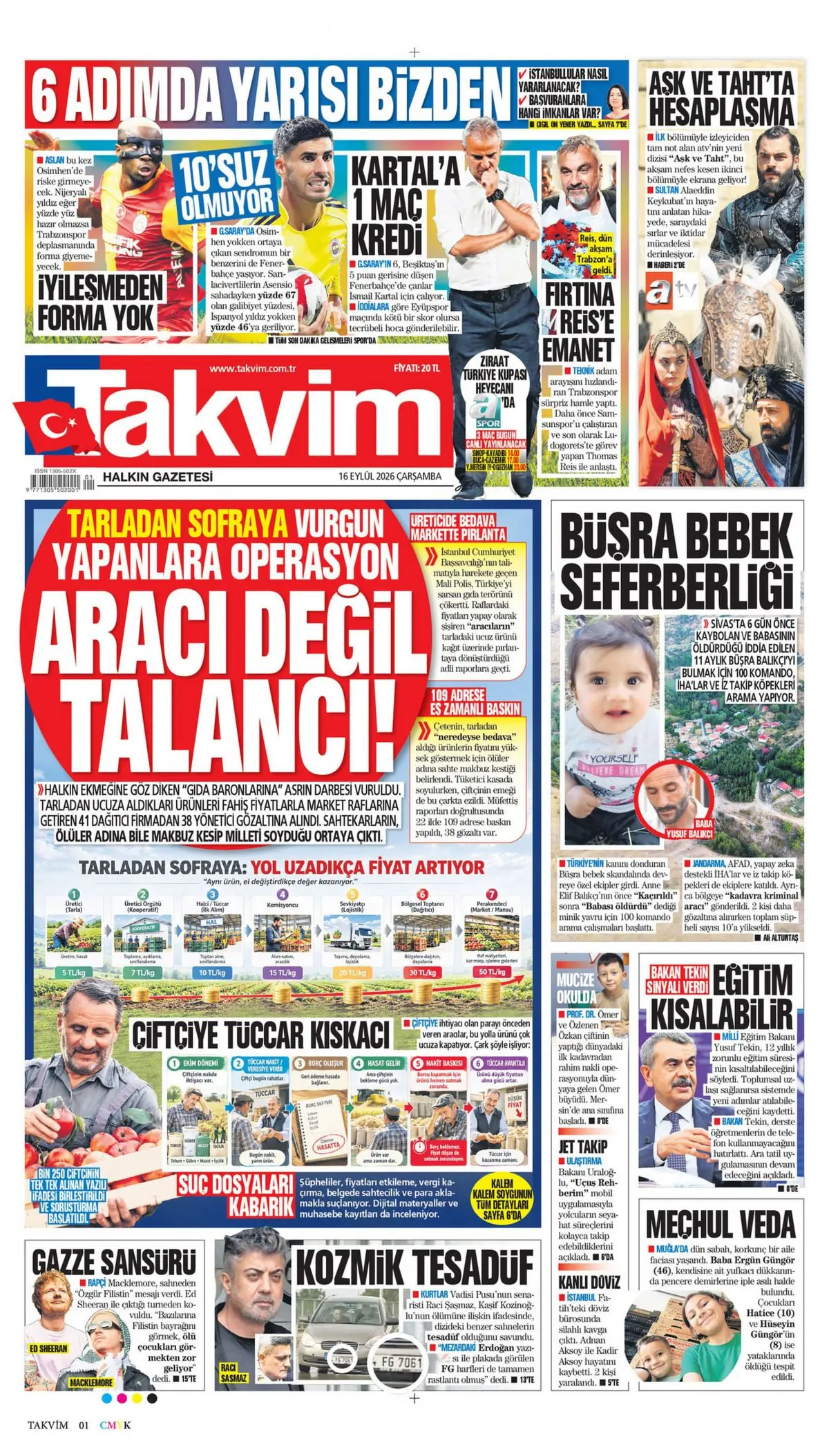 Takvim gazete manşeti