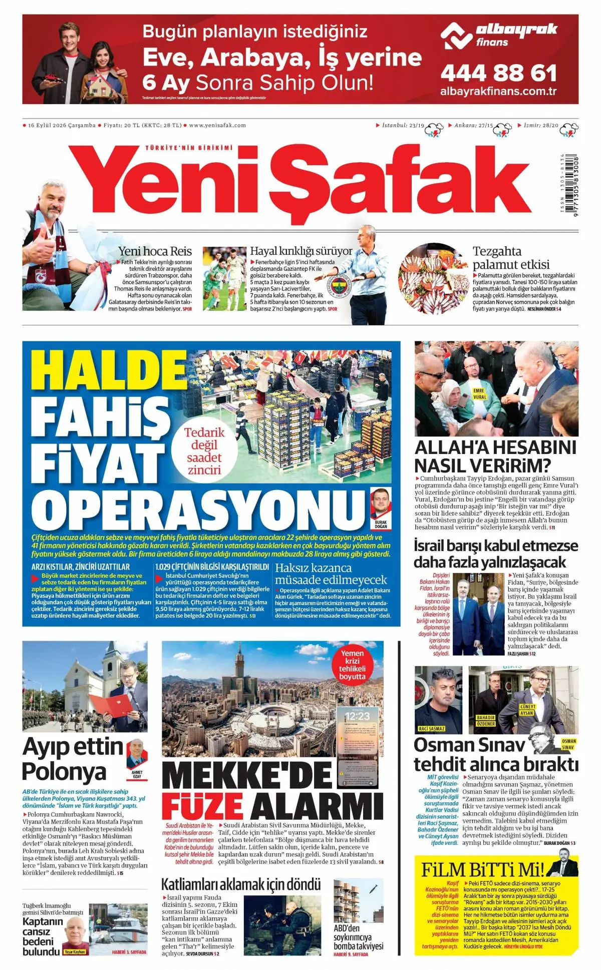 Yeni Şafak gazete manşeti