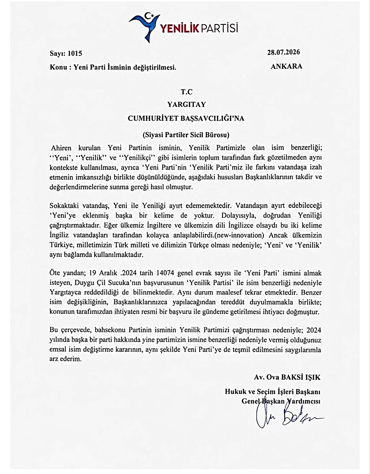 Yenilik Partisi, Yeni Parti'nin isim değişikliği için Yargıtay'a başvurdu
